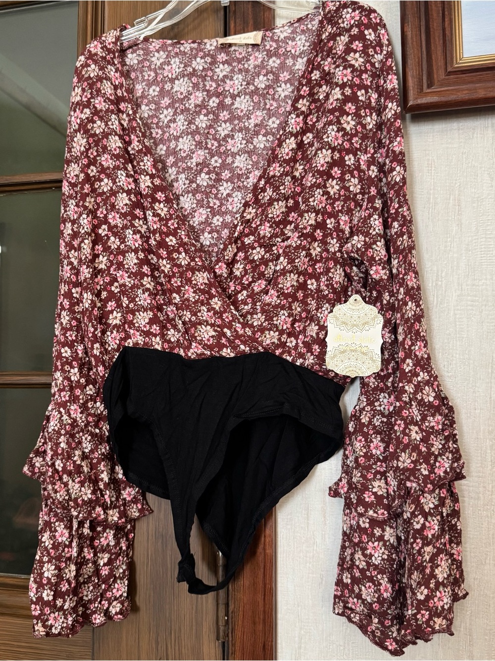 Altar'd State Burgundy Floral Wrap Bodysuit with Pink Blossoms